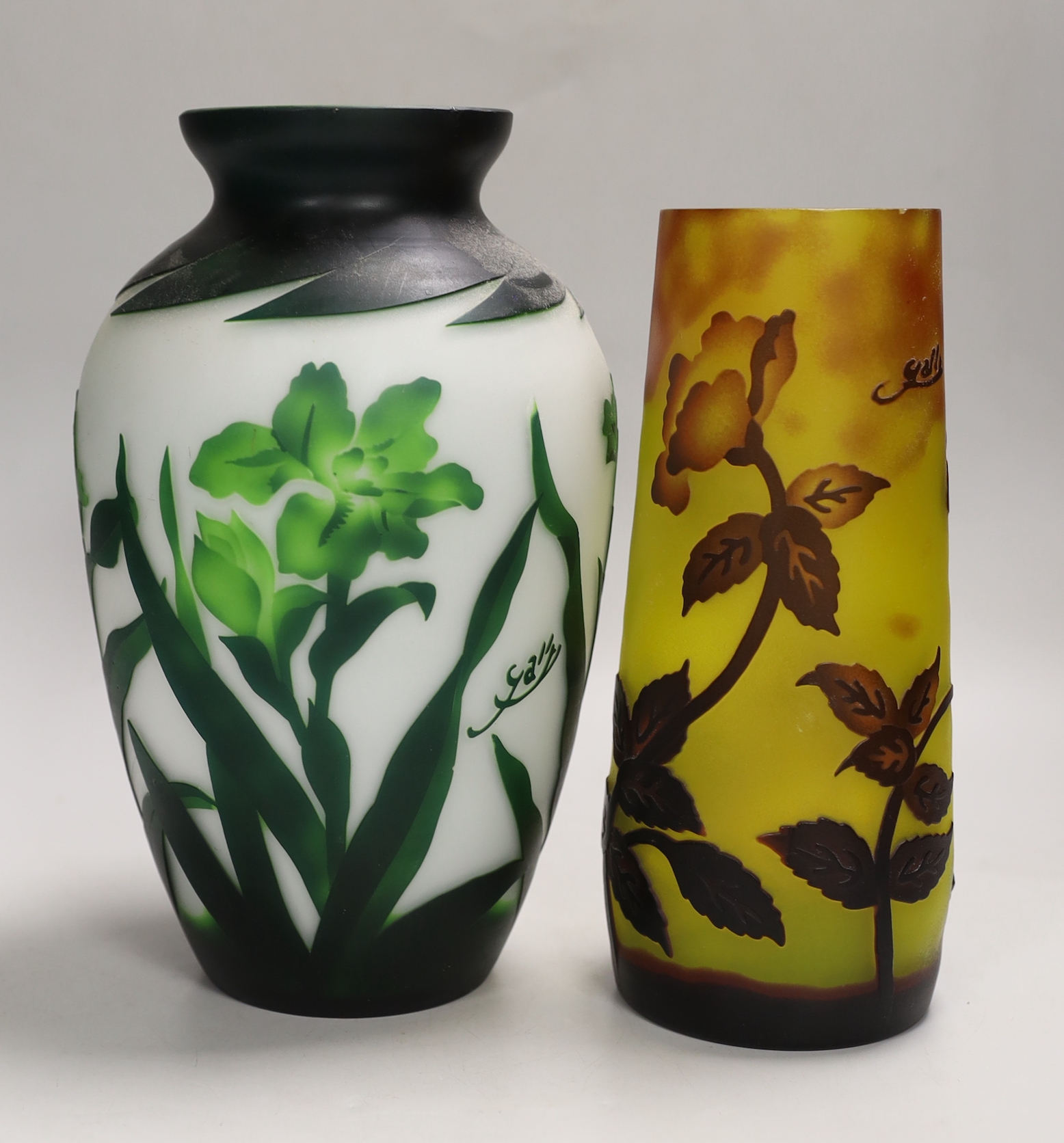 Two cameo glass vases, both bearing Gallé signatures, tallest 25cm